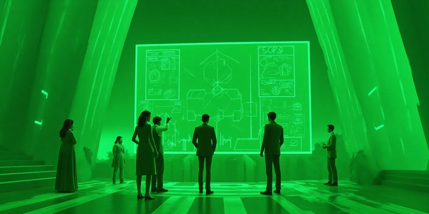 Businesspeople gathered in a futuristic strategy room analyzing a massive glowing chart, symbolizing top crypto investing strategies and tactical financial planning