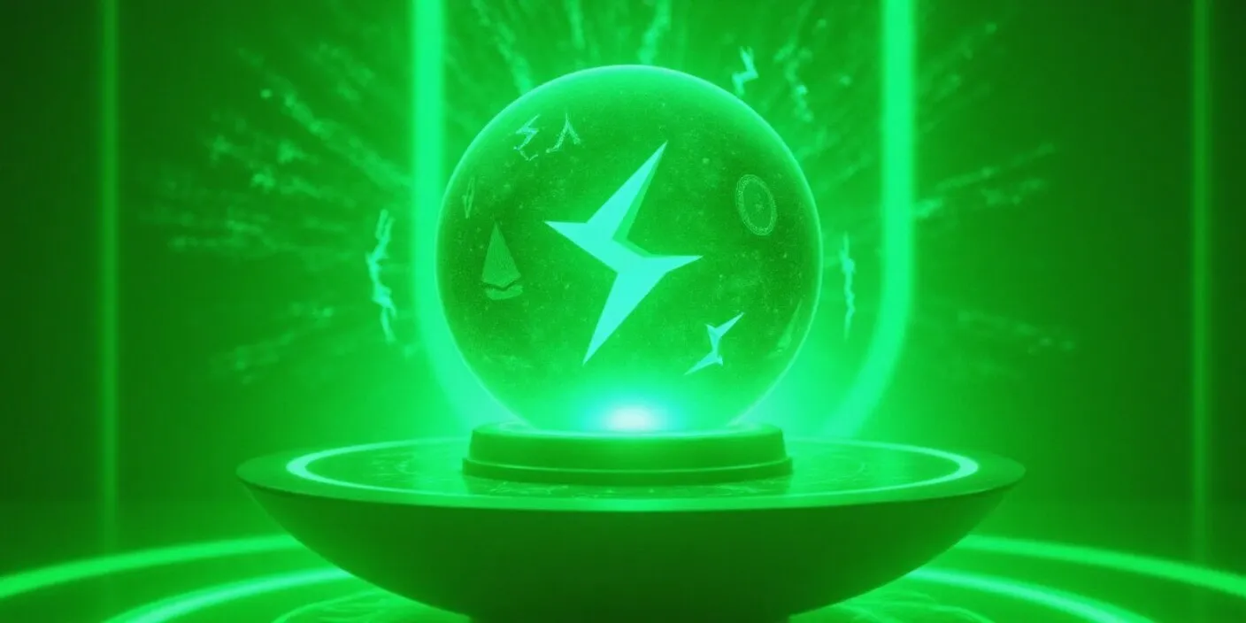 A glowing crystal orb displaying emerging crypto symbols inside, radiating futuristic energy, symbolizing the prediction of top cryptocurrencies to watch in 2025