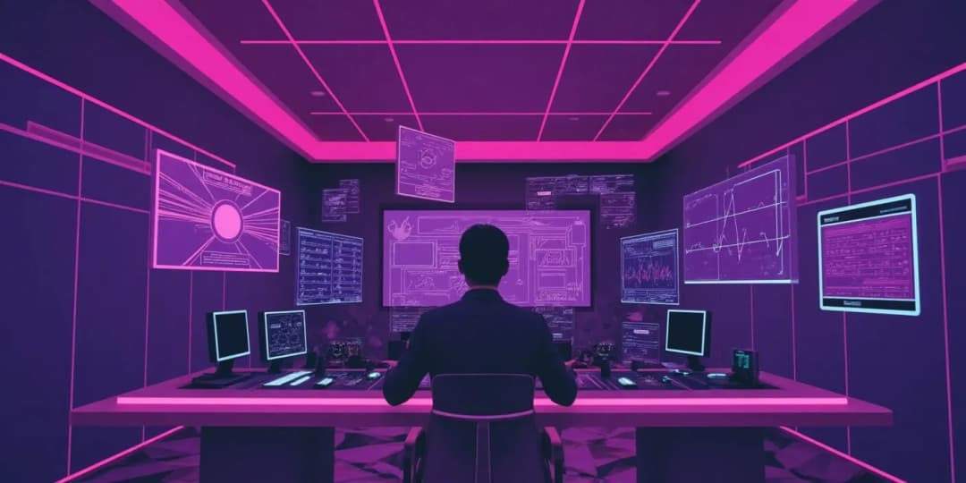 A data analyst monitoring floating charts and futuristic dashboards in a high-tech control room, representing key DeFi trends shaping the financial landscape in 2025