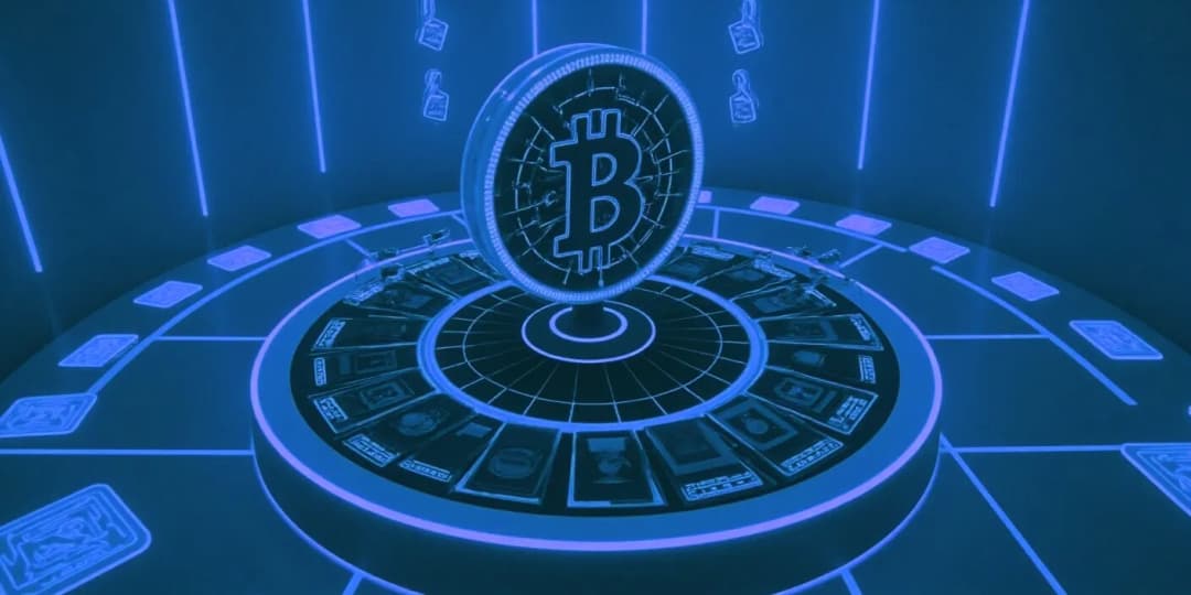 A futuristic gameshow wheel glowing with game icons crypto blackjack, slot machines, dice — all featuring the Bitcoin symbol, each game tile lit with pulsing neon, floating in a digital 2025 casino grid