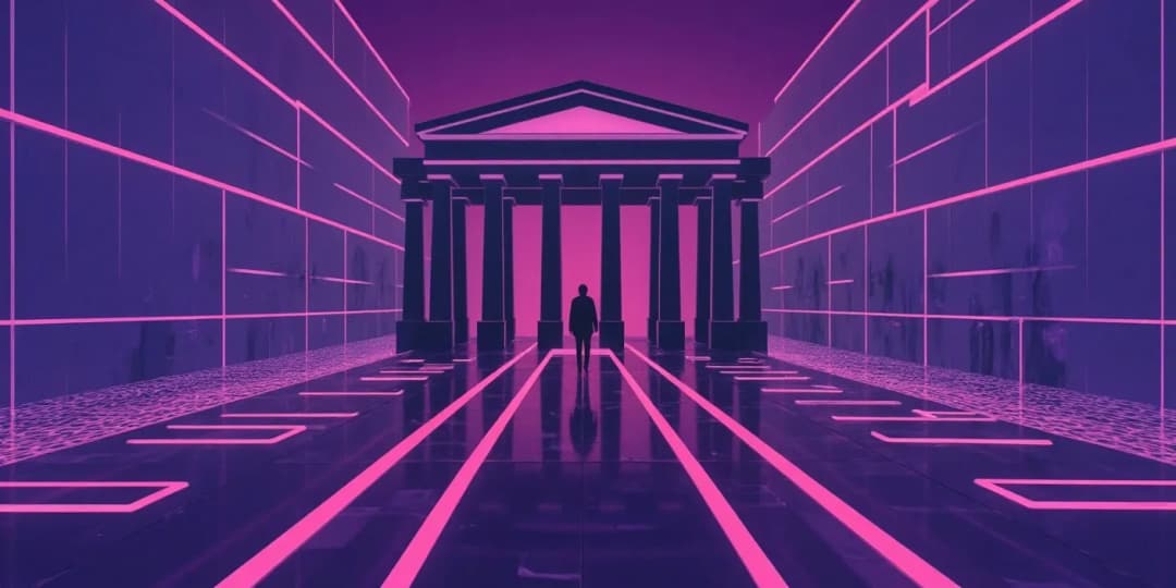 A person walking toward a futuristic neoclassical bank building inside a glowing corridor, representing the convergence of traditional finance and DeFi
