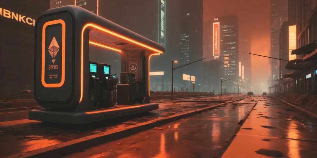 A futuristic Ethereum gas station in a cyberpunk cityscape at dusk, representing the concept of gas fees and transaction costs in blockchain networks
