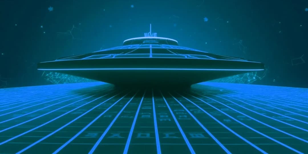 A sleek neon spaceship casino labeled ‘VAVE’ cruising through a grid-lined cyber galaxy, with star-like reviews, 2025 holograms, and glowing crypto chips orbiting the ship, digital vector fantasy theme