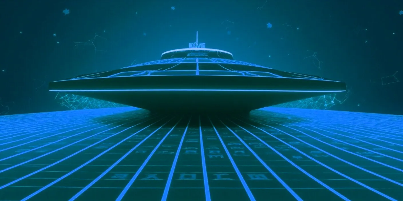 A sleek neon spaceship casino labeled ‘VAVE’ cruising through a grid-lined cyber galaxy, with star-like reviews, 2025 holograms, and glowing crypto chips orbiting the ship, digital vector fantasy theme