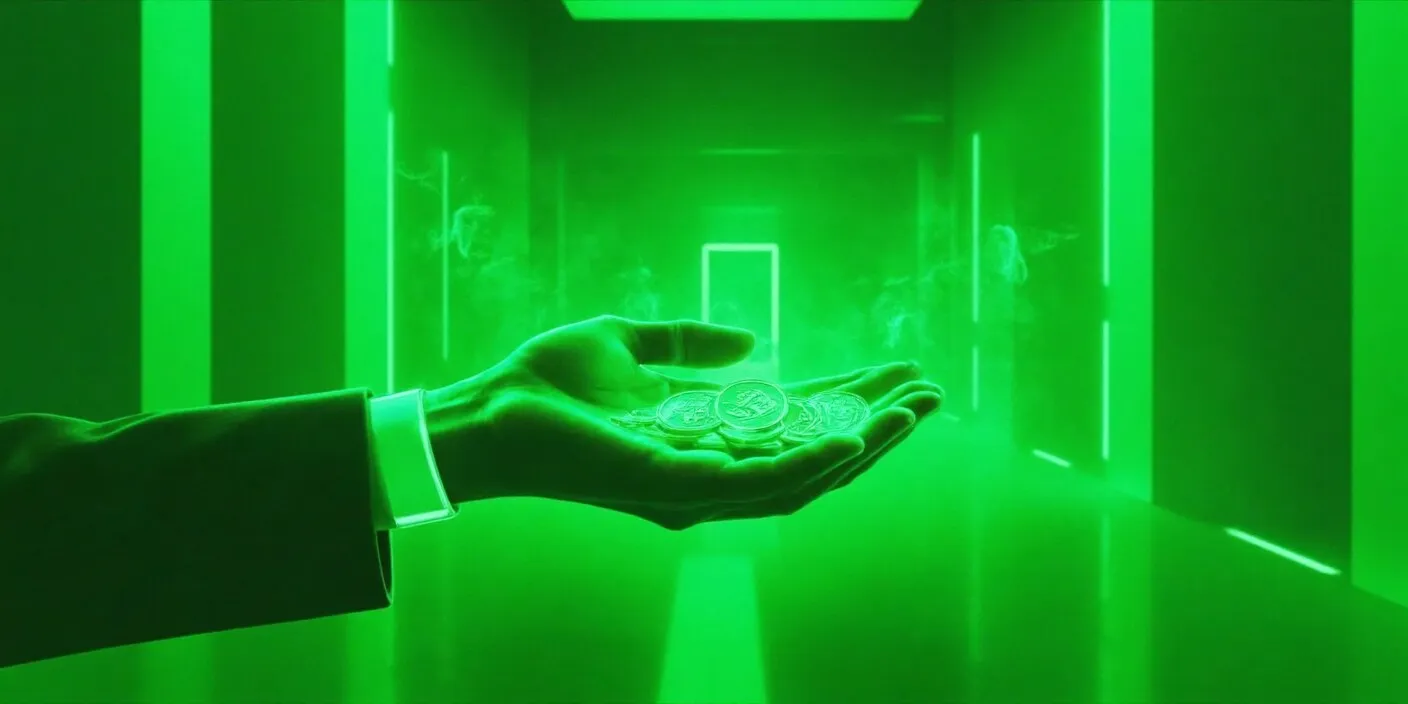 A hand holding glowing digital coins in a futuristic corridor, symbolizing the concept of crypto lending and earning passive income through digital asset loans