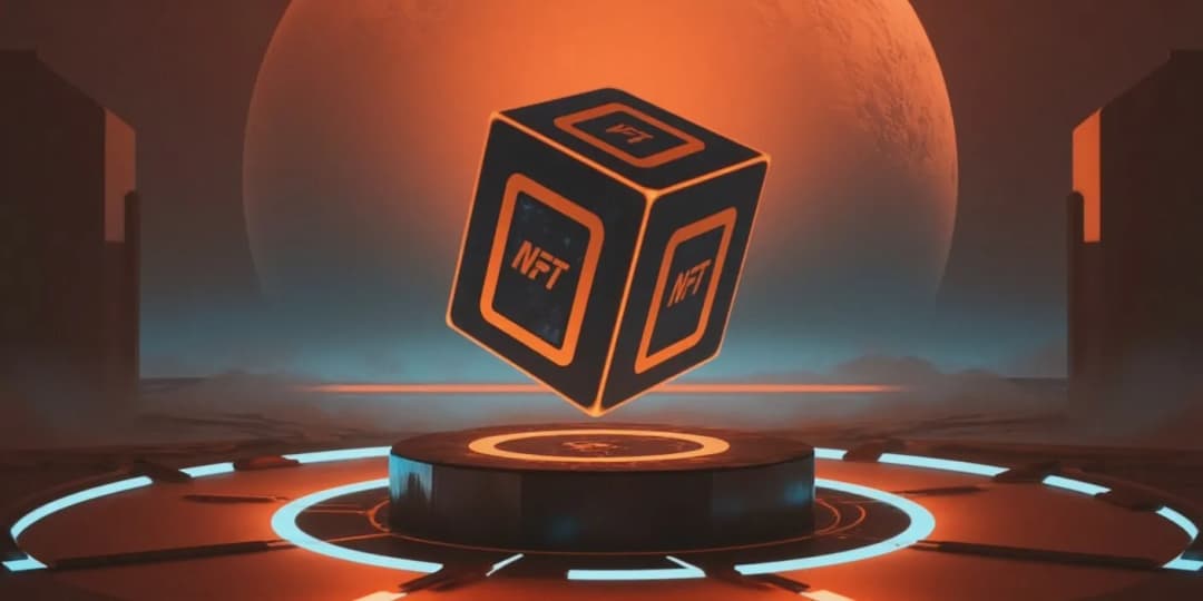 A glowing cube marked 'NFT' floating in a futuristic chamber under an enormous planet, symbolizing the concept and uniqueness of non-fungible tokens in digital ownership