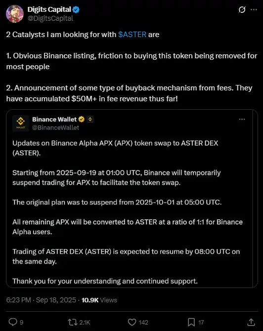 Analysts highlight upcoming catalysts for Aster including listings and buyback mechanisms