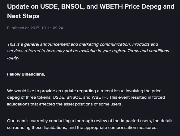 Binance outlines steps to restore stability after temporary depegs (USDe, BNSOL, WBETH)