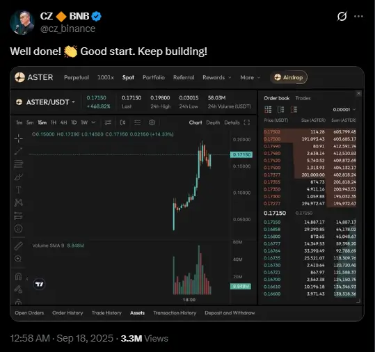Binance founder CZ’s early support for Aster DEX