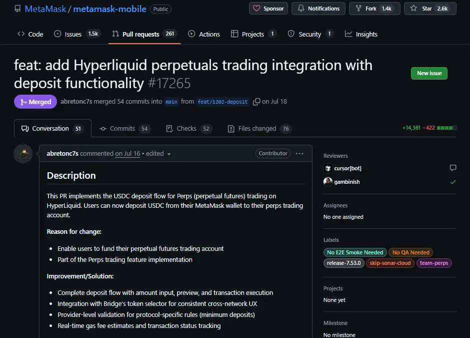 MetaMask is set to integrate Hyperliquid perpetuals trading, based on a recent code update. Source: GitHub