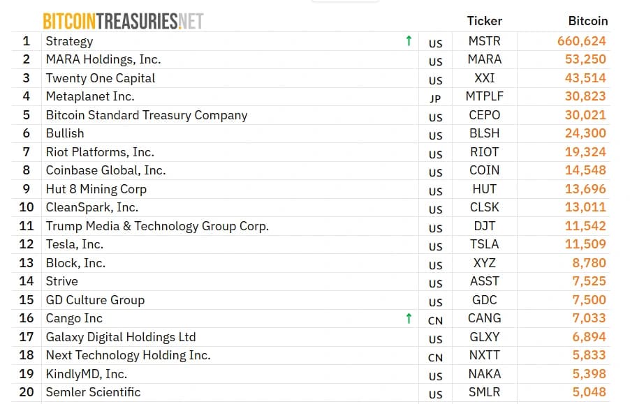 Strive corporate Bitcoin holdings ranking