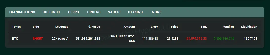 Dashboard view showing the whale short position’s unrealized loss