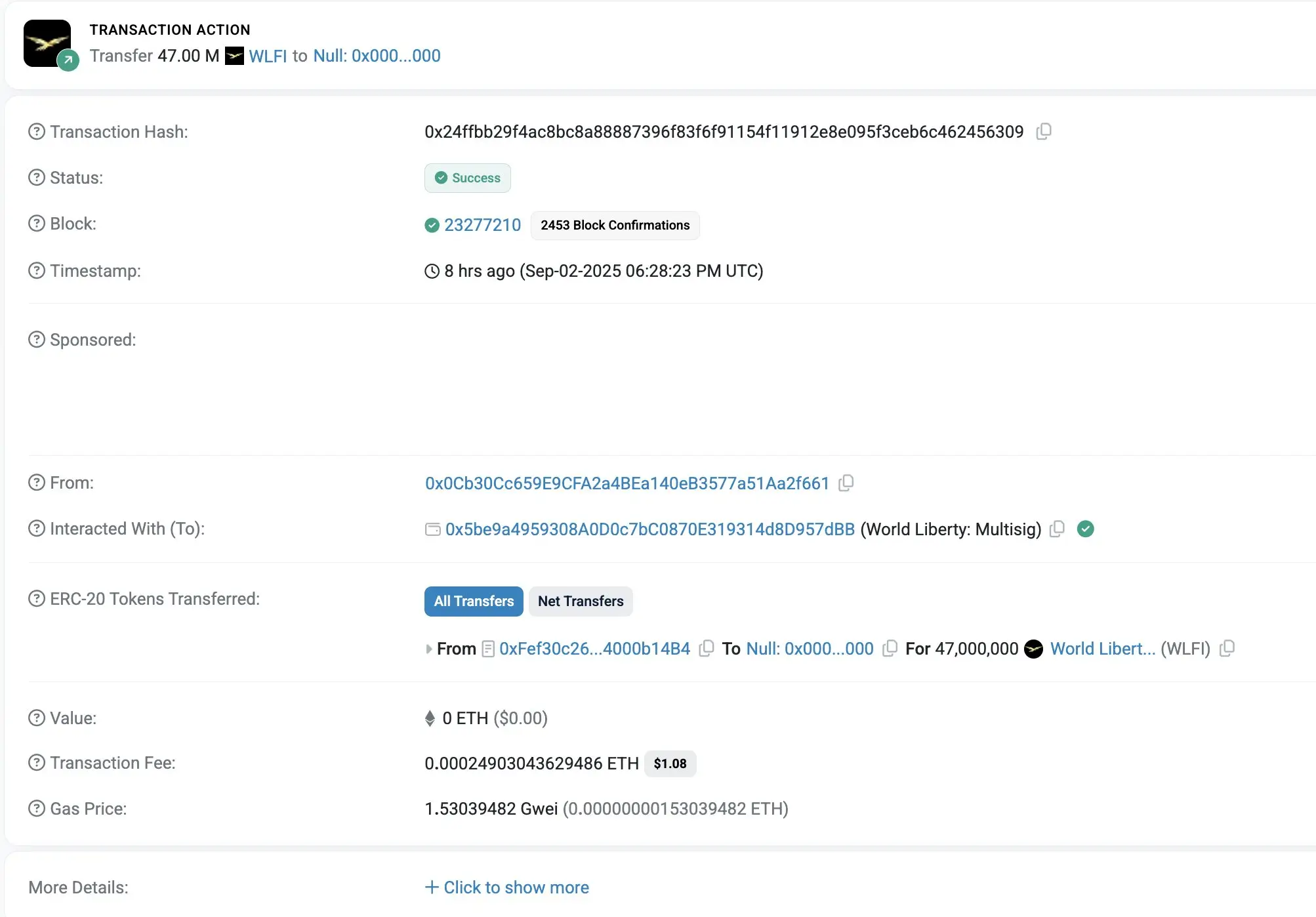 WLFI’s 47 million token burn — Lookonchain