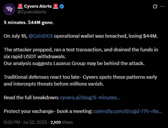 tweet from Cyvers about the CoinDCX hack