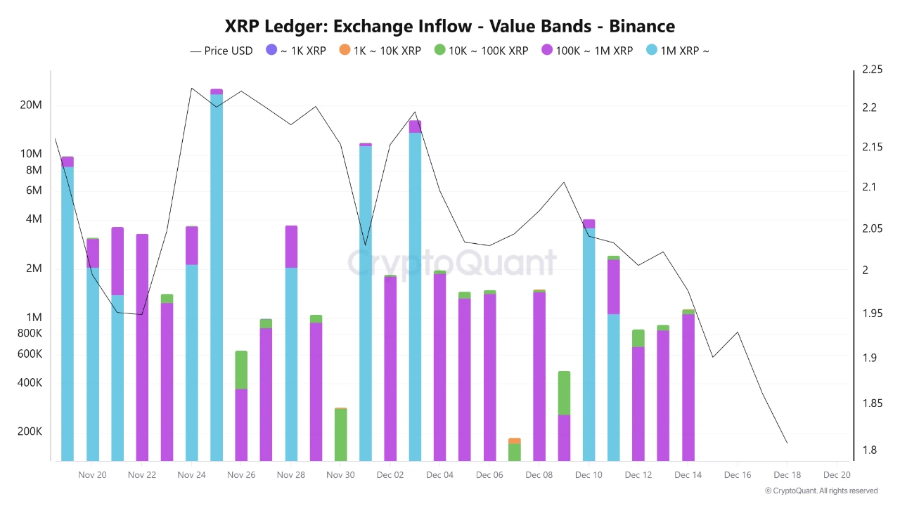 XRP exchange inflows chart showing large Binance inflows