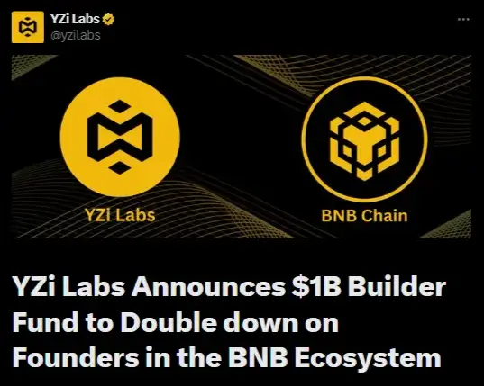 YZi Labs announces a $1B builder fund for the BNB Chain ecosystem