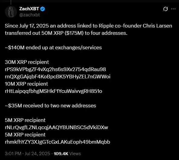 ZachXBT tweet about XRP transactions